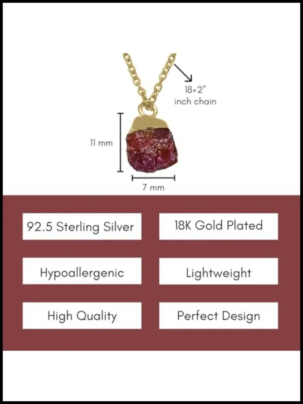Ruby Crystal Raw Stone Pendant Necklace 18K Gold Plated 925 Sterling Silver